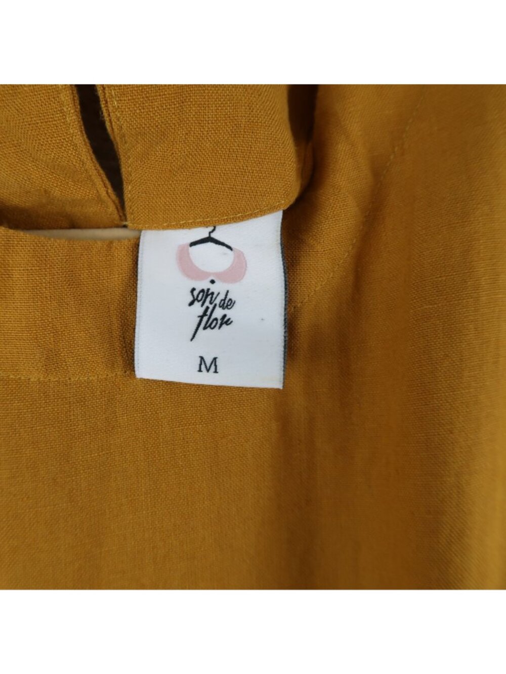 Son De Flor M Mustard Yellow Linen Dress Flutter Sleeves Button Back Cottagecore - Picture 2 of 7